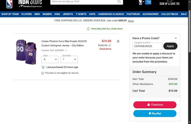 Phoenix Suns checkout page showing Phoenix Suns promo code box | Screenshot taken by SimplyCodes community member on Sep 13, 2025
