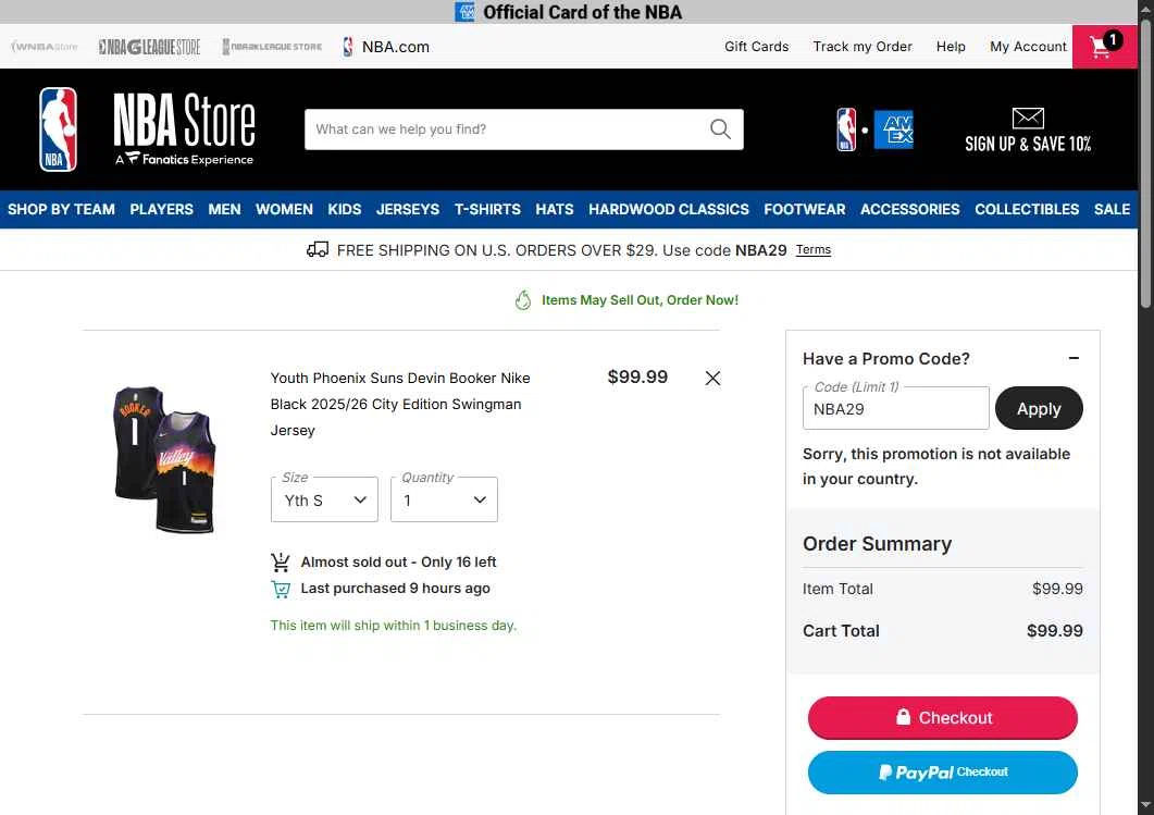Phoenix Suns checkout page showing Phoenix Suns promo code box | Screenshot taken by SimplyCodes community member on Feb 23, 2026
