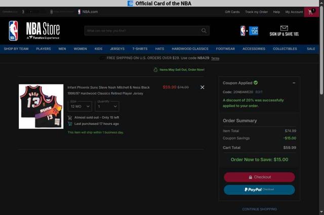 Phoenix Suns checkout page showing Phoenix Suns promo code box | Screenshot taken by SimplyCodes community member on Sep 10, 2025