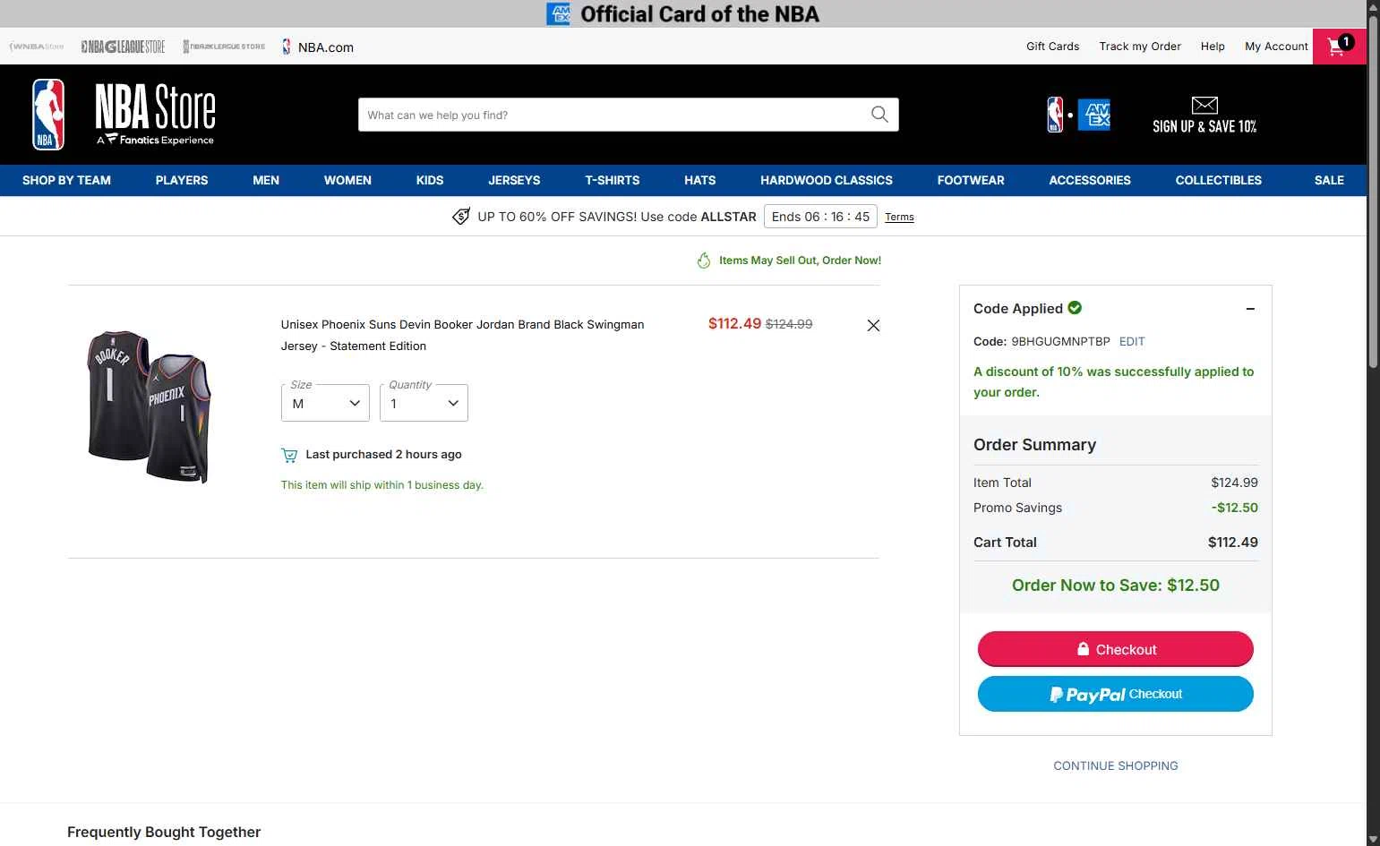 Phoenix Suns checkout page showing Phoenix Suns promo code box | Screenshot taken by SimplyCodes community member on Feb 16, 2026