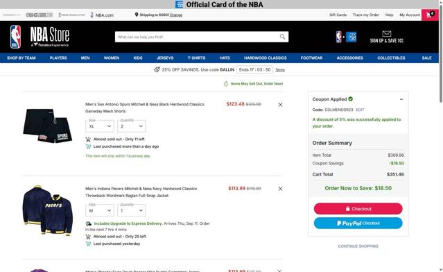 Phoenix Suns checkout page showing Phoenix Suns promo code box | Screenshot taken by SimplyCodes community member on Sep 9, 2025