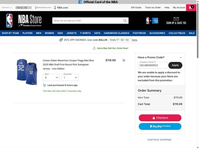 Phoenix Suns checkout page showing Phoenix Suns promo code box | Screenshot taken by SimplyCodes community member on Sep 9, 2025