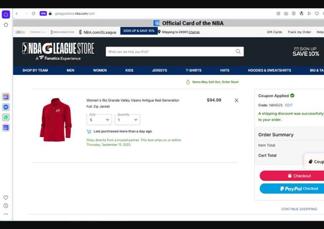 Phoenix Suns checkout page showing Phoenix Suns promo code box | Screenshot taken by SimplyCodes community member on Sep 10, 2025