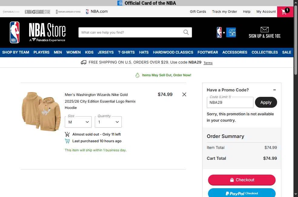 Phoenix Suns checkout page showing Phoenix Suns promo code box | Screenshot taken by SimplyCodes community member on Jan 12, 2026