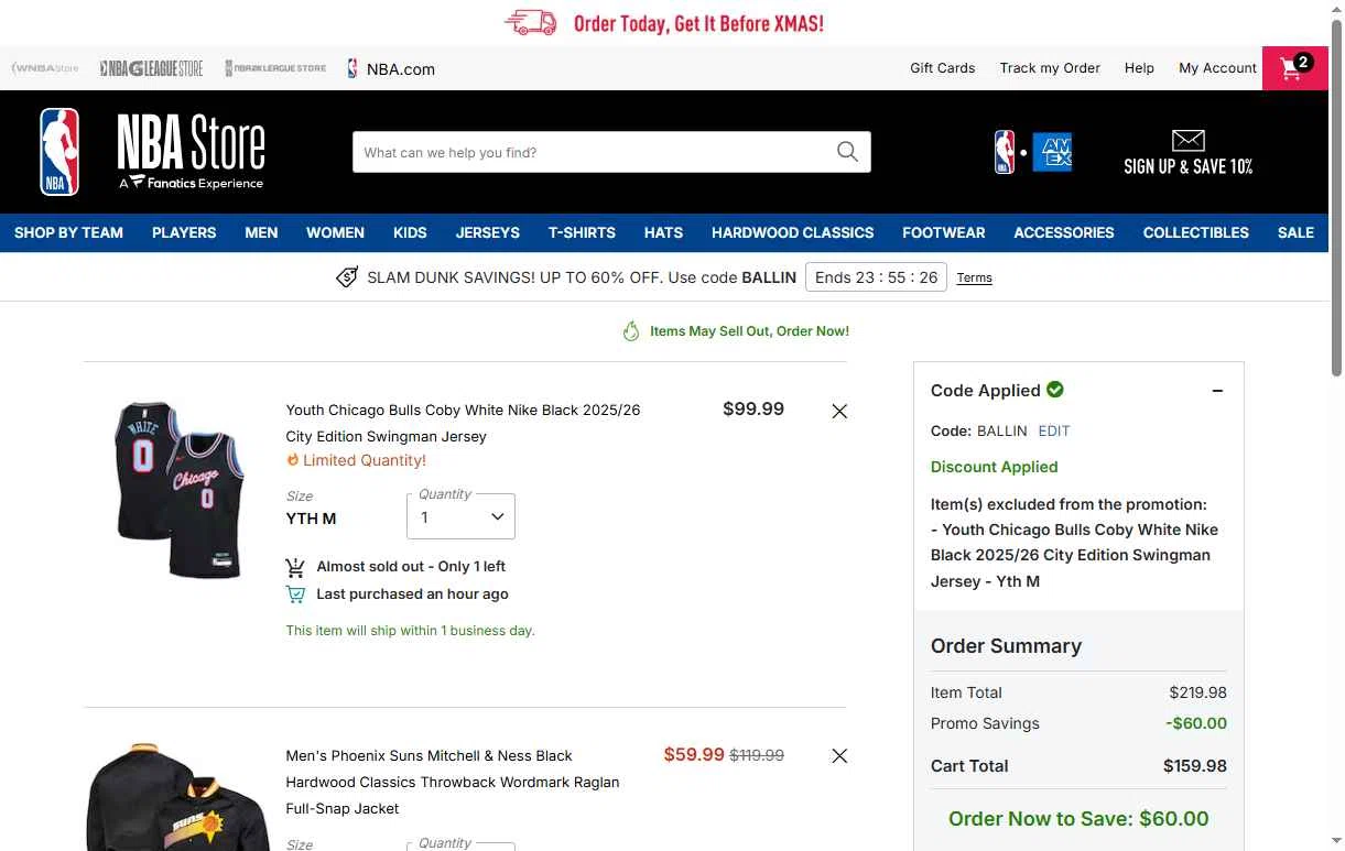 Phoenix Suns checkout page showing Phoenix Suns promo code box | Screenshot taken by SimplyCodes community member on Dec 10, 2025