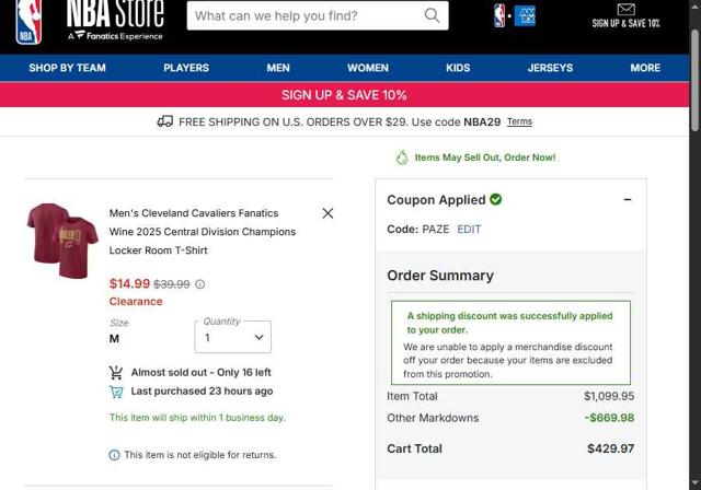 Phoenix Suns checkout page showing Phoenix Suns promo code box | Screenshot taken by SimplyCodes community member on Oct 4, 2025