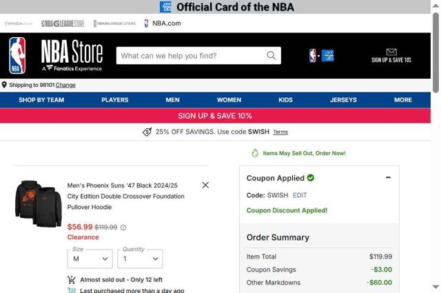 Phoenix Suns checkout page showing Phoenix Suns promo code box | Screenshot taken by SimplyCodes community member on Sep 12, 2025