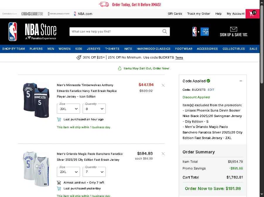 Phoenix Suns checkout page showing Phoenix Suns promo code box | Screenshot taken by SimplyCodes community member on Dec 9, 2025