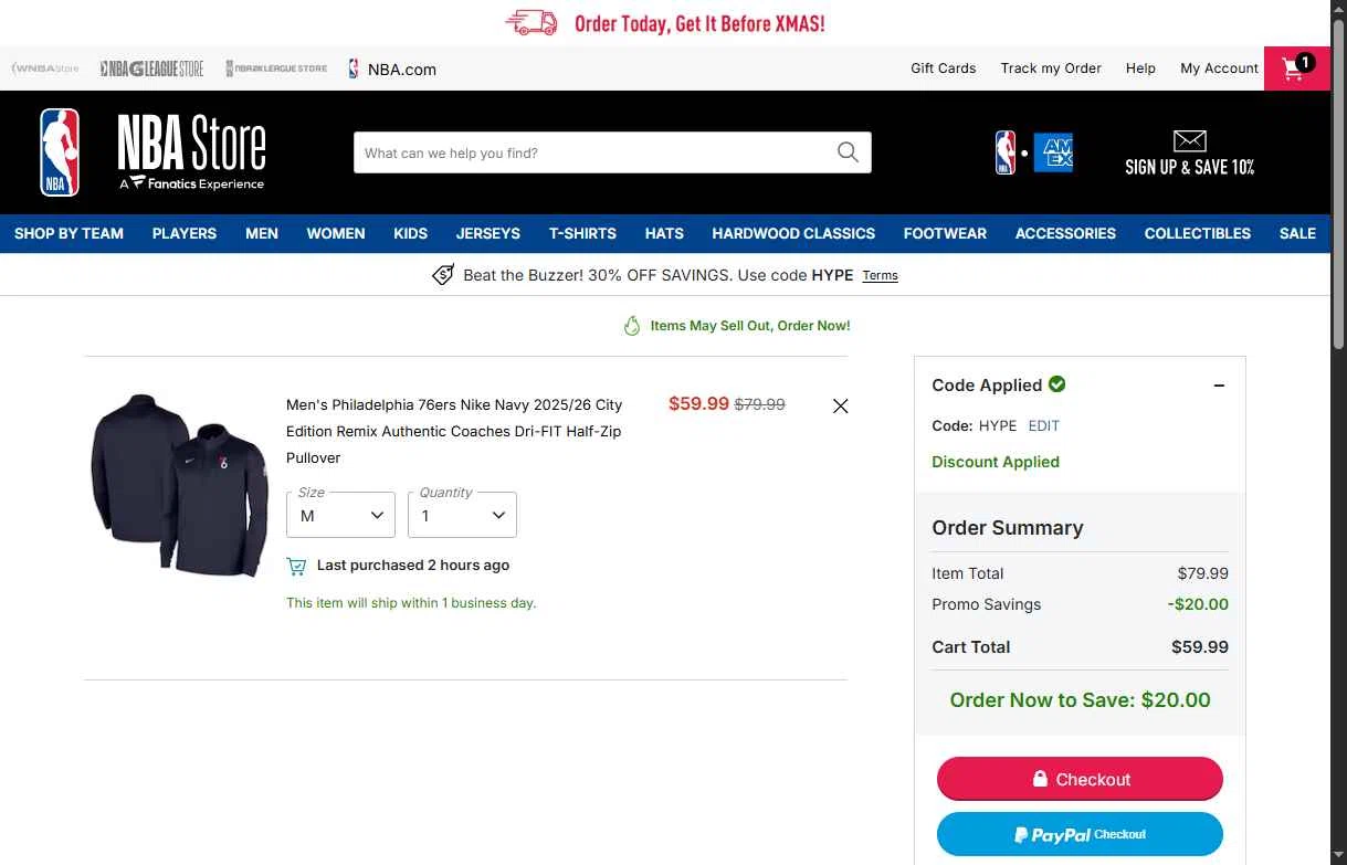 Phoenix Suns checkout page showing Phoenix Suns promo code box | Screenshot taken by SimplyCodes community member on Dec 18, 2025