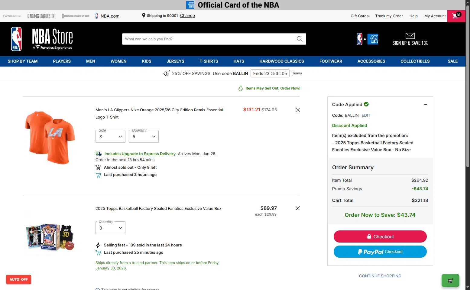 Phoenix Suns checkout page showing Phoenix Suns promo code box | Screenshot taken by SimplyCodes community member on Jan 23, 2026