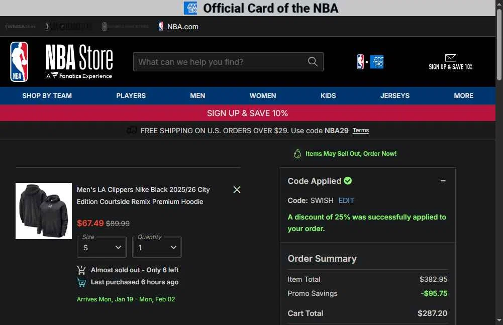 Phoenix Suns checkout page showing Phoenix Suns promo code box | Screenshot taken by SimplyCodes community member on Jan 3, 2026