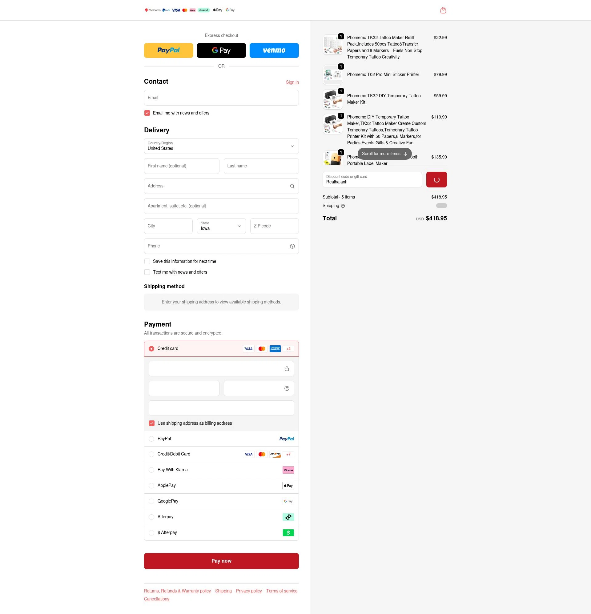 Phomemo checkout page showing Phomemo discount code box | Screenshot taken by SimplyCodes community member on Feb 10, 2026