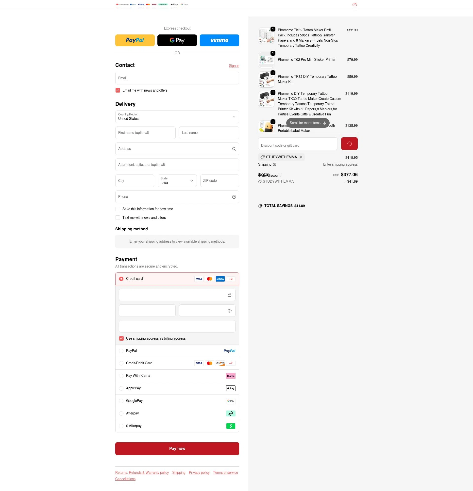 Phomemo checkout page showing Phomemo discount code box | Screenshot taken by SimplyCodes community member on Feb 10, 2026