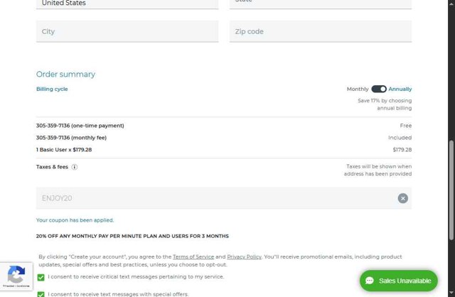 Phone.com checkout page showing Phone.com discount code box | Screenshot taken by SimplyCodes community member on Jul 5, 2025