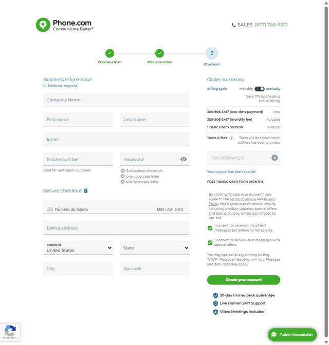 Phone.com checkout page showing Phone.com discount code box | Screenshot taken by SimplyCodes community member on Jul 5, 2025