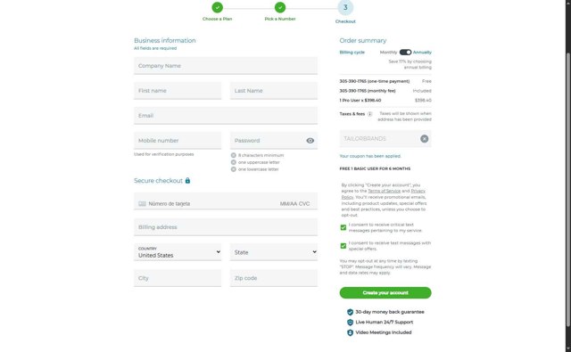 Phone.com checkout page showing Phone.com discount code box | Screenshot taken by SimplyCodes community member on Sep 1, 2025