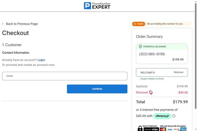 Phone Number Expert checkout page showing Phone Number Expert discount code box | Screenshot taken by SimplyCodes community member on May 26, 2025