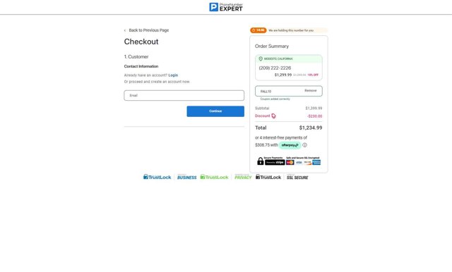 Phone Number Expert checkout page showing Phone Number Expert discount code box | Screenshot taken by SimplyCodes community member on Aug 29, 2025