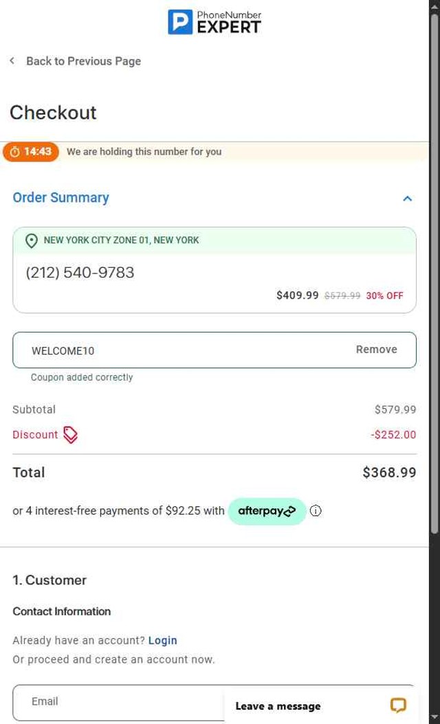 Phone Number Expert checkout page showing Phone Number Expert discount code box | Screenshot taken by SimplyCodes community member on Aug 29, 2025