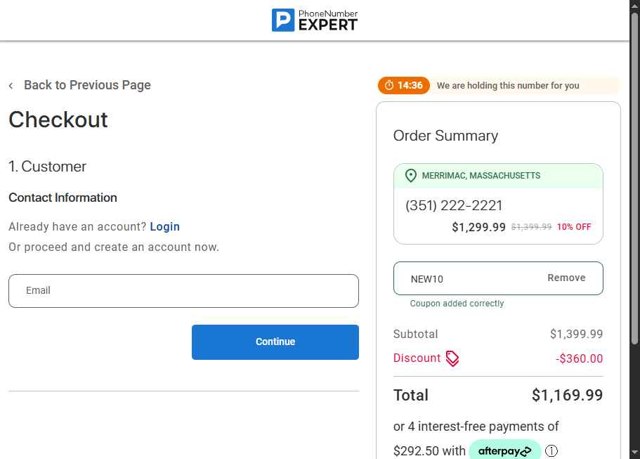 Phone Number Expert checkout page showing Phone Number Expert discount code box | Screenshot taken by SimplyCodes community member on Aug 21, 2025