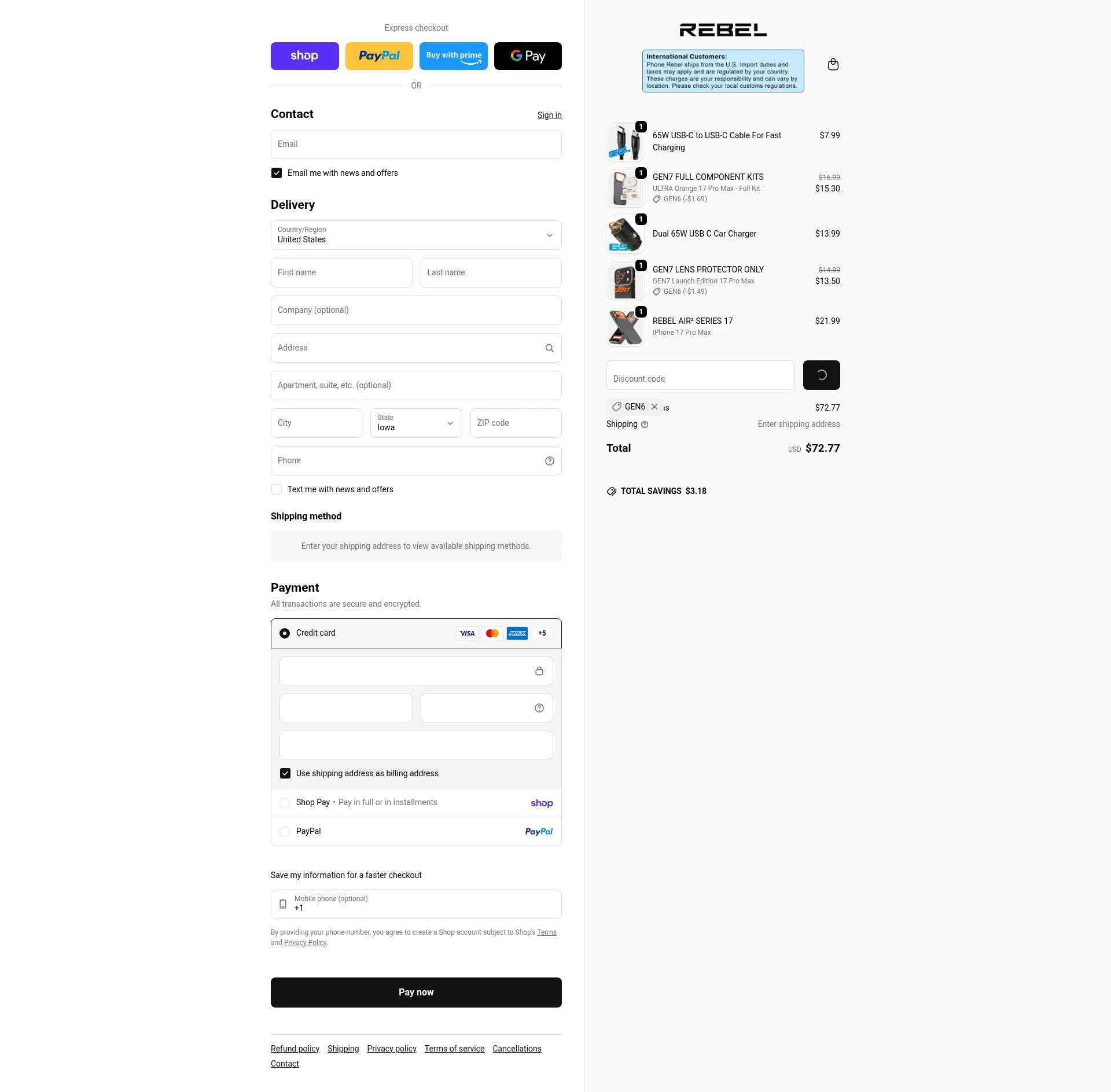 Phone Rebel checkout page showing Phone Rebel discount code box | Screenshot taken by SimplyCodes community member on Feb 9, 2026