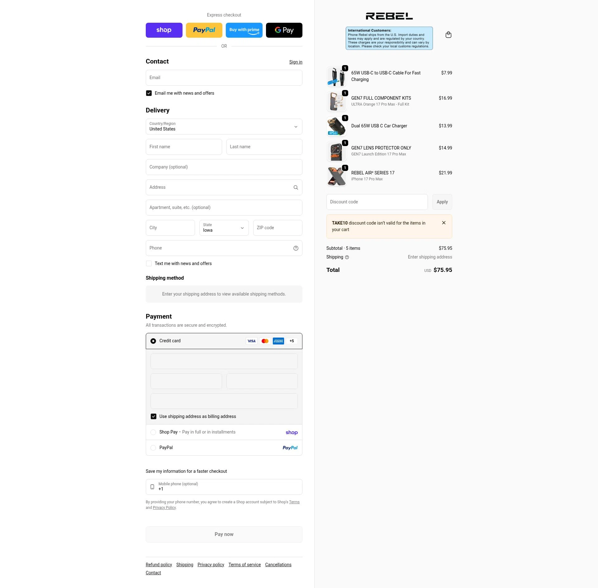 Phone Rebel checkout page showing Phone Rebel discount code box | Screenshot taken by SimplyCodes community member on Feb 5, 2026