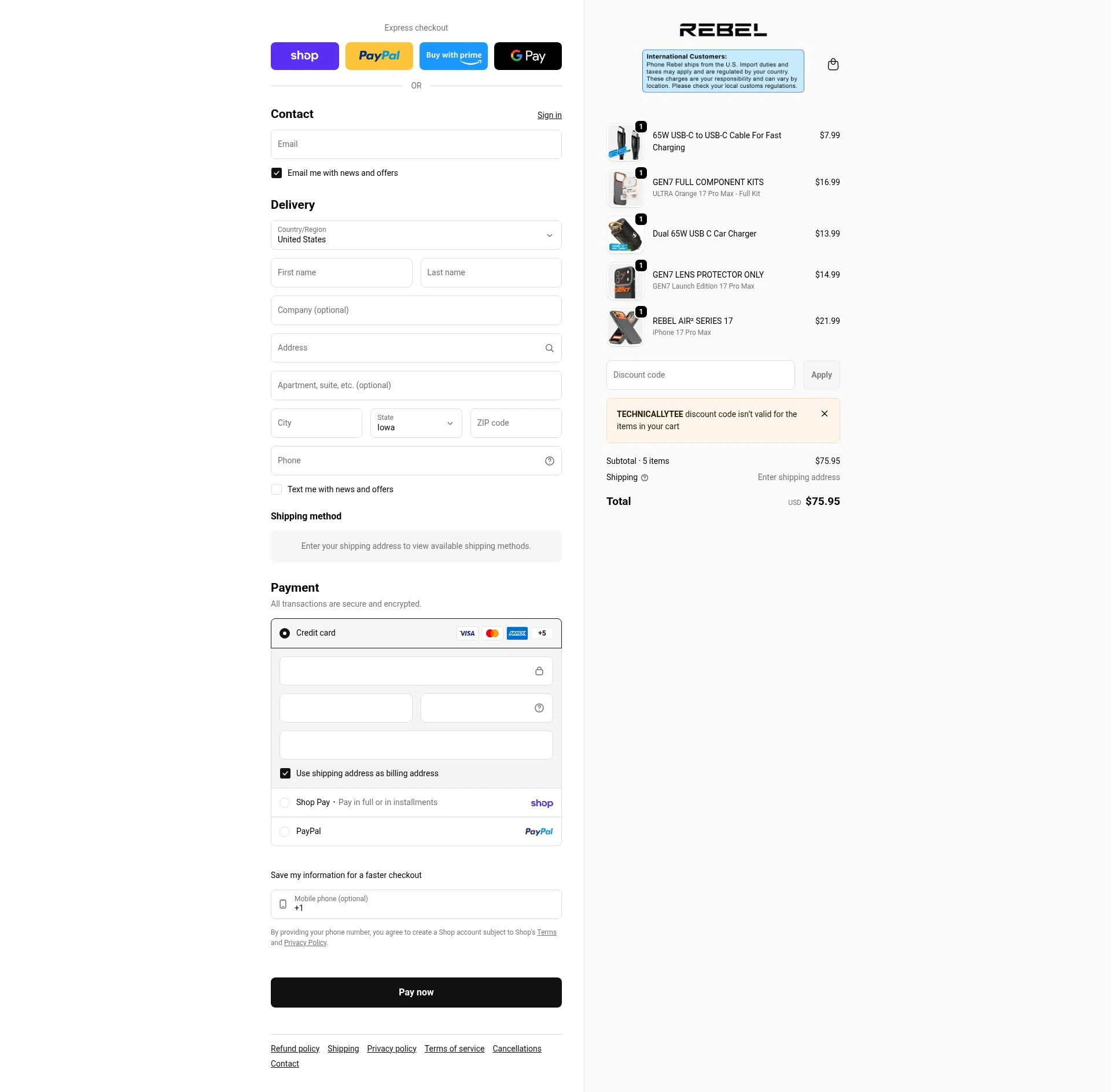 Phone Rebel checkout page showing Phone Rebel discount code box | Screenshot taken by SimplyCodes community member on Feb 9, 2026