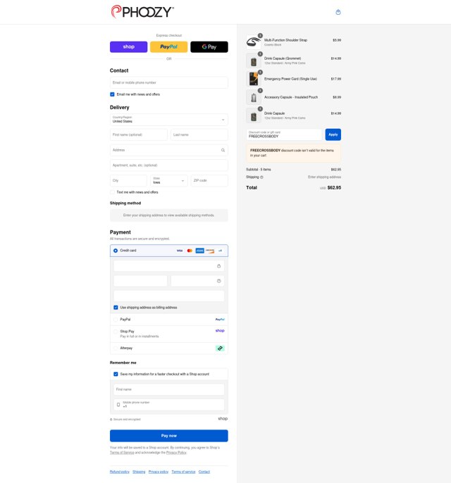 Phoozy checkout page showing Phoozy discount code box | Screenshot taken by SimplyCodes community member on Sep 4, 2025