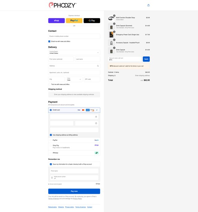 Phoozy checkout page showing Phoozy discount code box | Screenshot taken by SimplyCodes community member on Sep 4, 2025