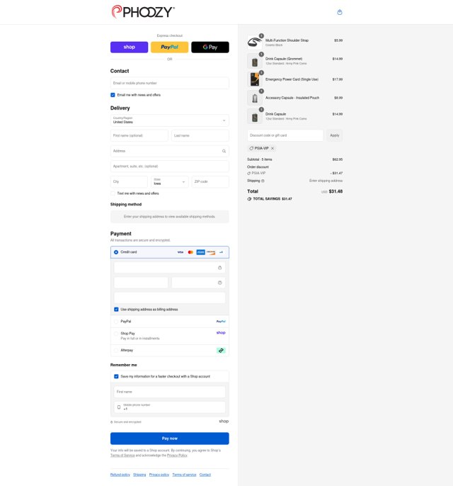Phoozy checkout page showing Phoozy discount code box | Screenshot taken by SimplyCodes community member on Sep 4, 2025