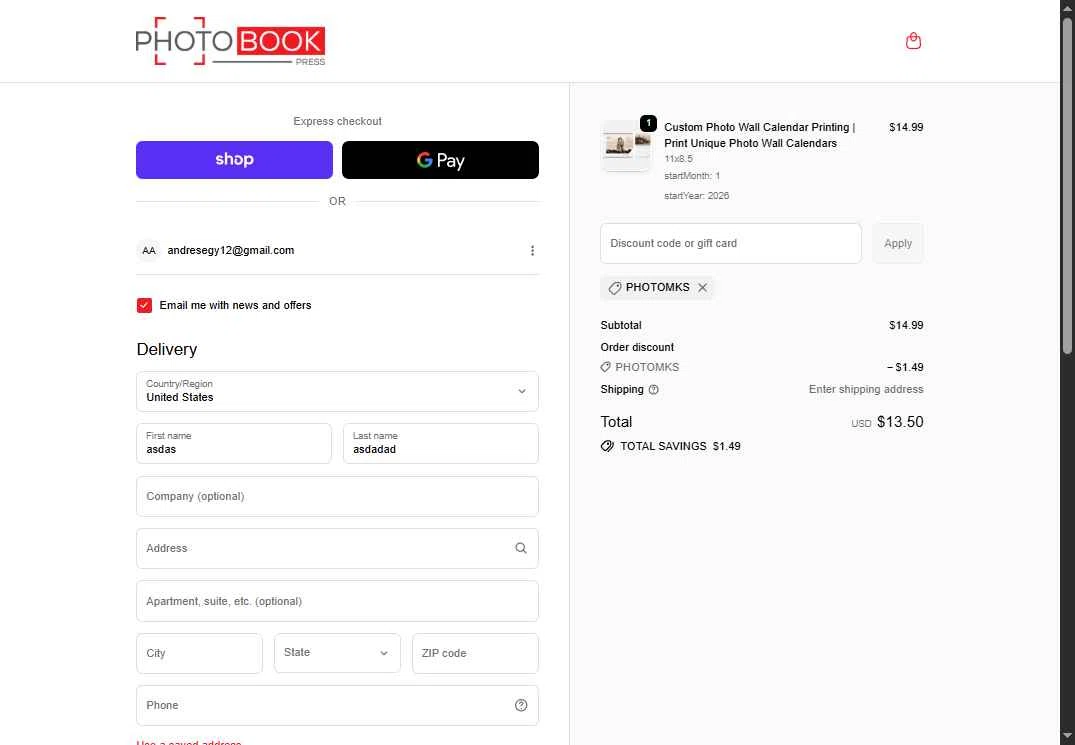 Photo Book Press checkout page showing Photo Book Press promo code box | Screenshot taken by SimplyCodes community member on Nov 14, 2025