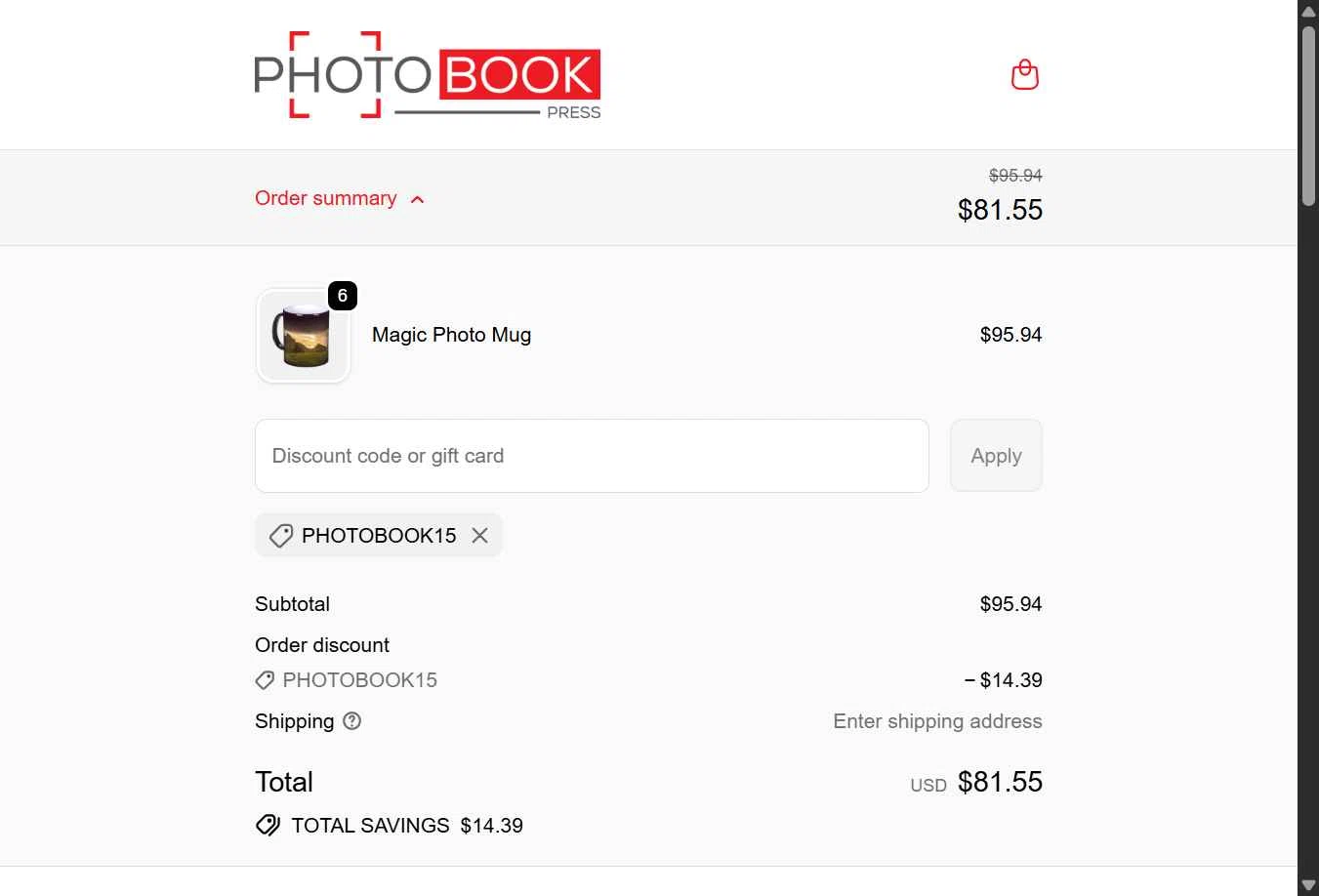 Photo Book Press checkout page showing Photo Book Press promo code box | Screenshot taken by SimplyCodes community member on Nov 14, 2025