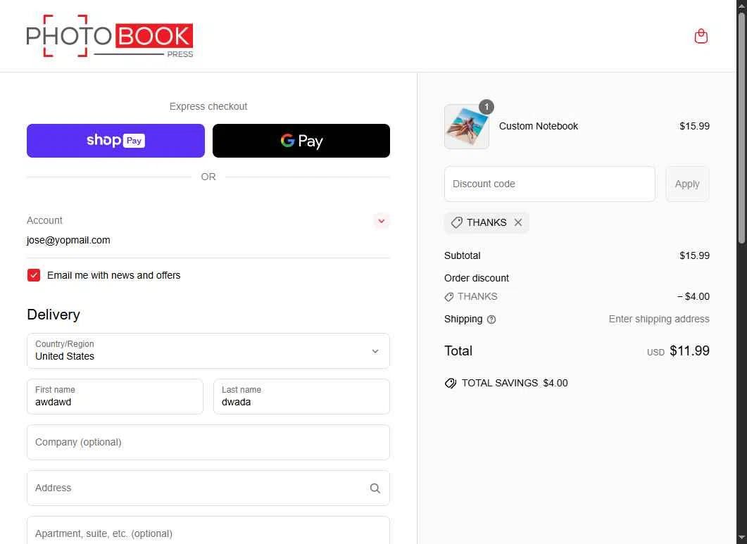 Photo Book Press checkout page showing Photo Book Press promo code box | Screenshot taken by SimplyCodes community member on Apr 28, 2025