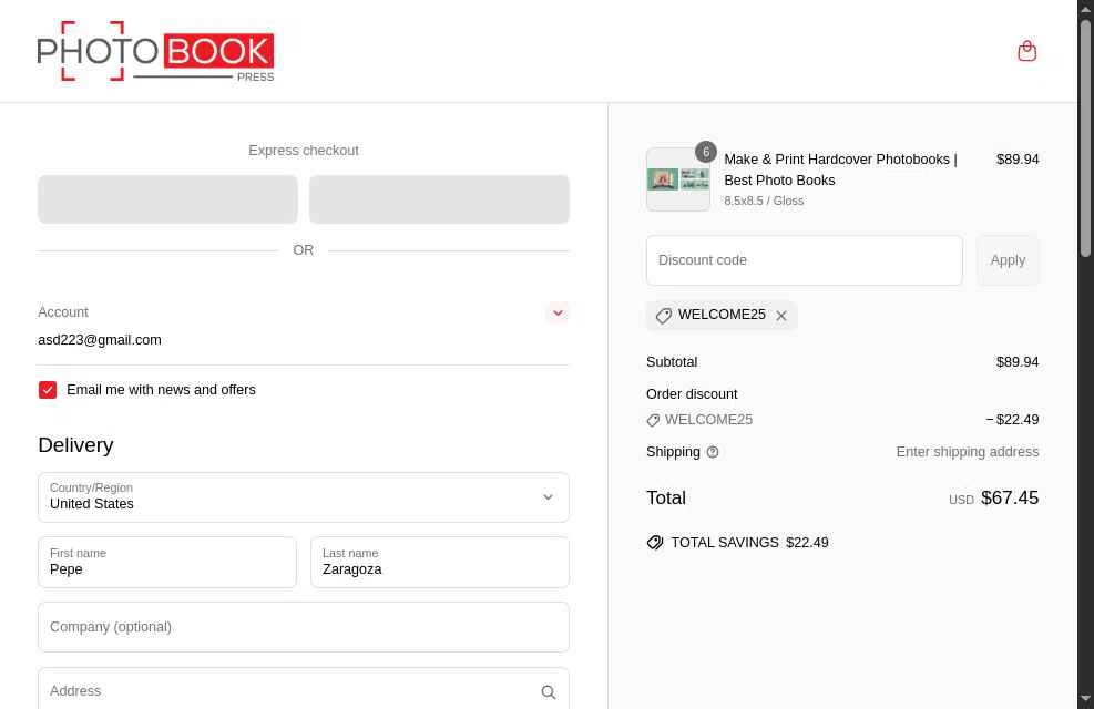 Photo Book Press checkout page showing Photo Book Press promo code box | Screenshot taken by SimplyCodes community member on Apr 28, 2025