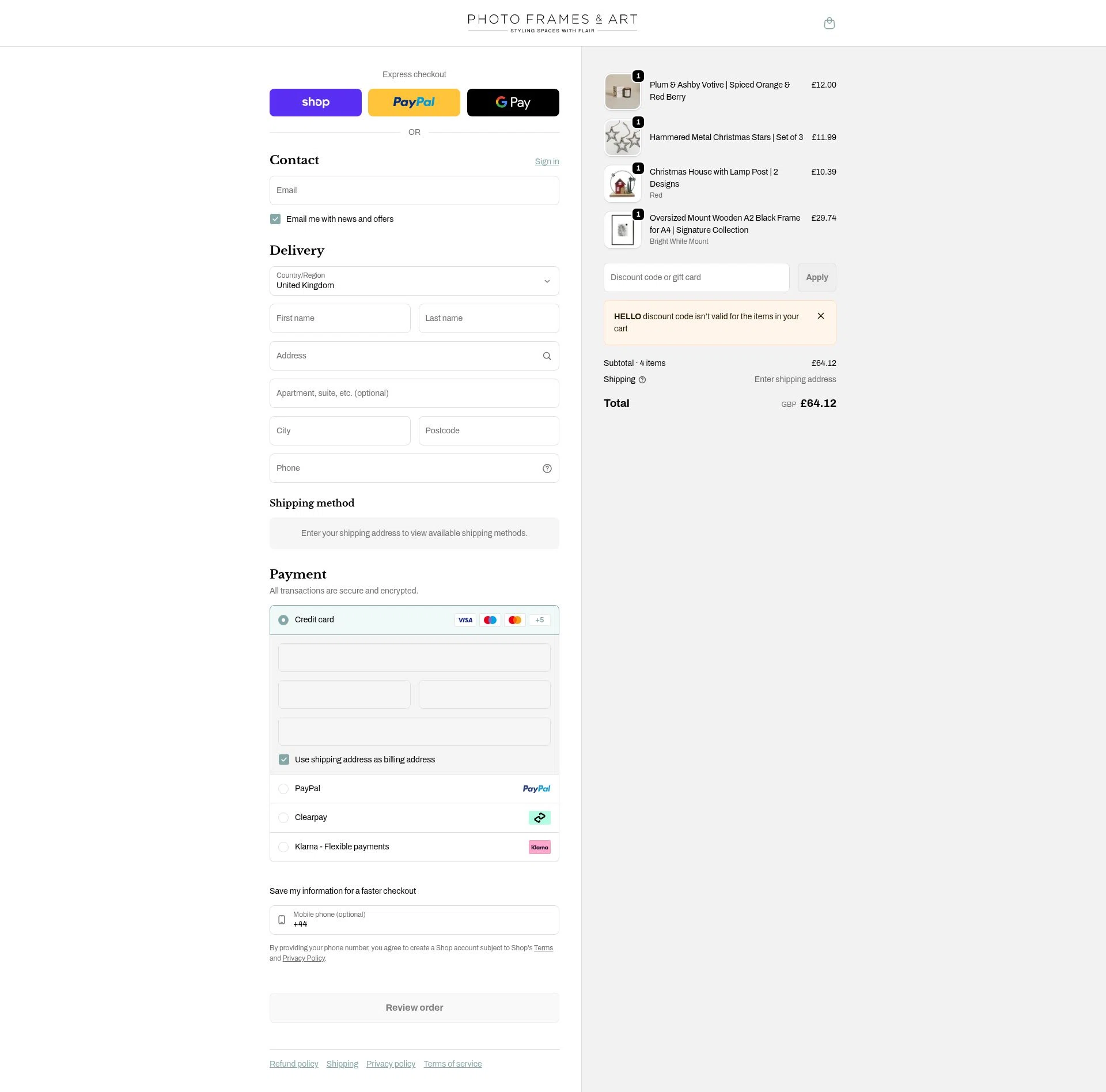 Photo Frames & Art checkout page showing Photo Frames & Art promo code box | Screenshot taken by SimplyCodes community member on Jan 31, 2026