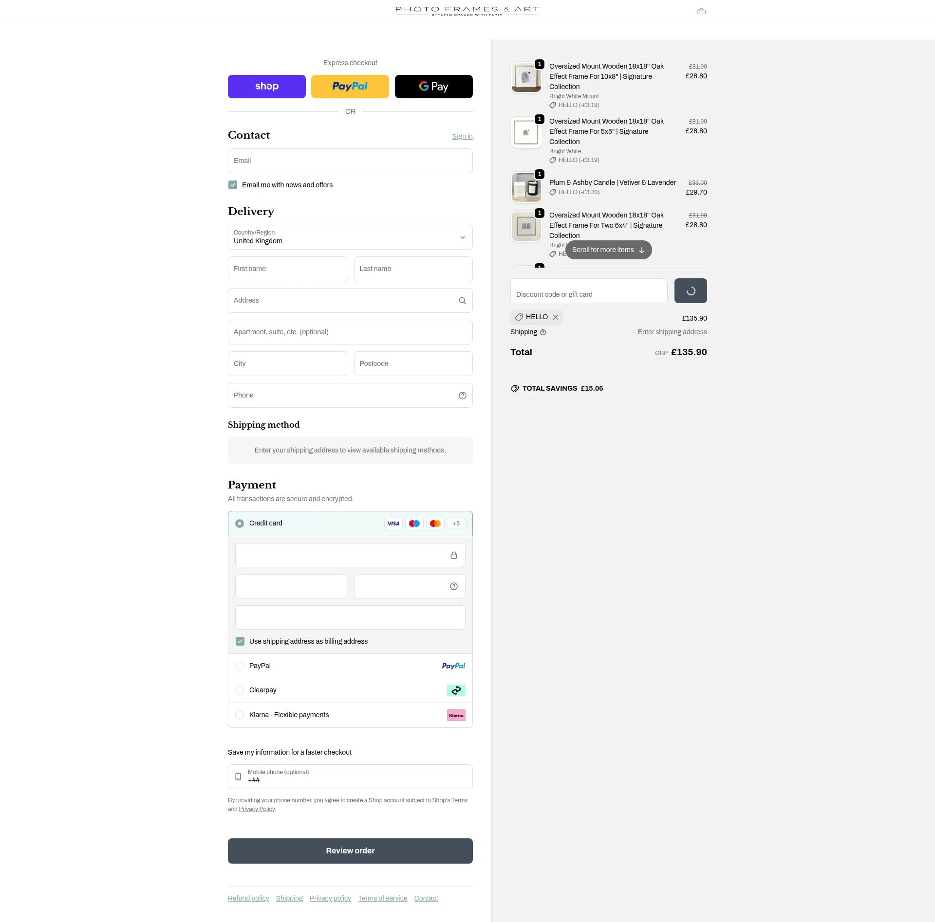 Photo Frames & Art checkout page showing Photo Frames & Art promo code box | Screenshot taken by SimplyCodes community member on Feb 17, 2026
