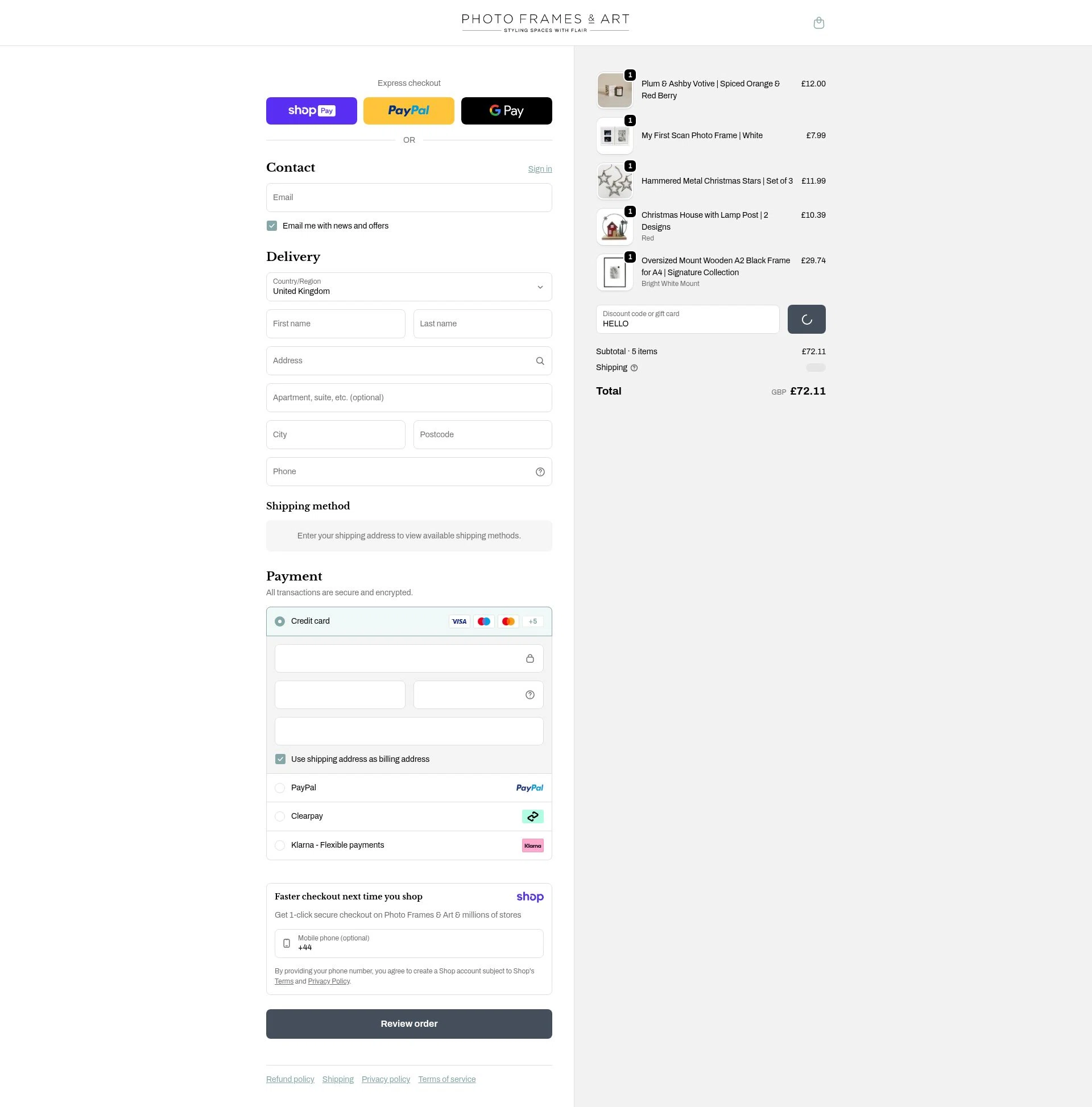 Photo Frames & Art checkout page showing Photo Frames & Art promo code box | Screenshot taken by SimplyCodes community member on Jan 12, 2026