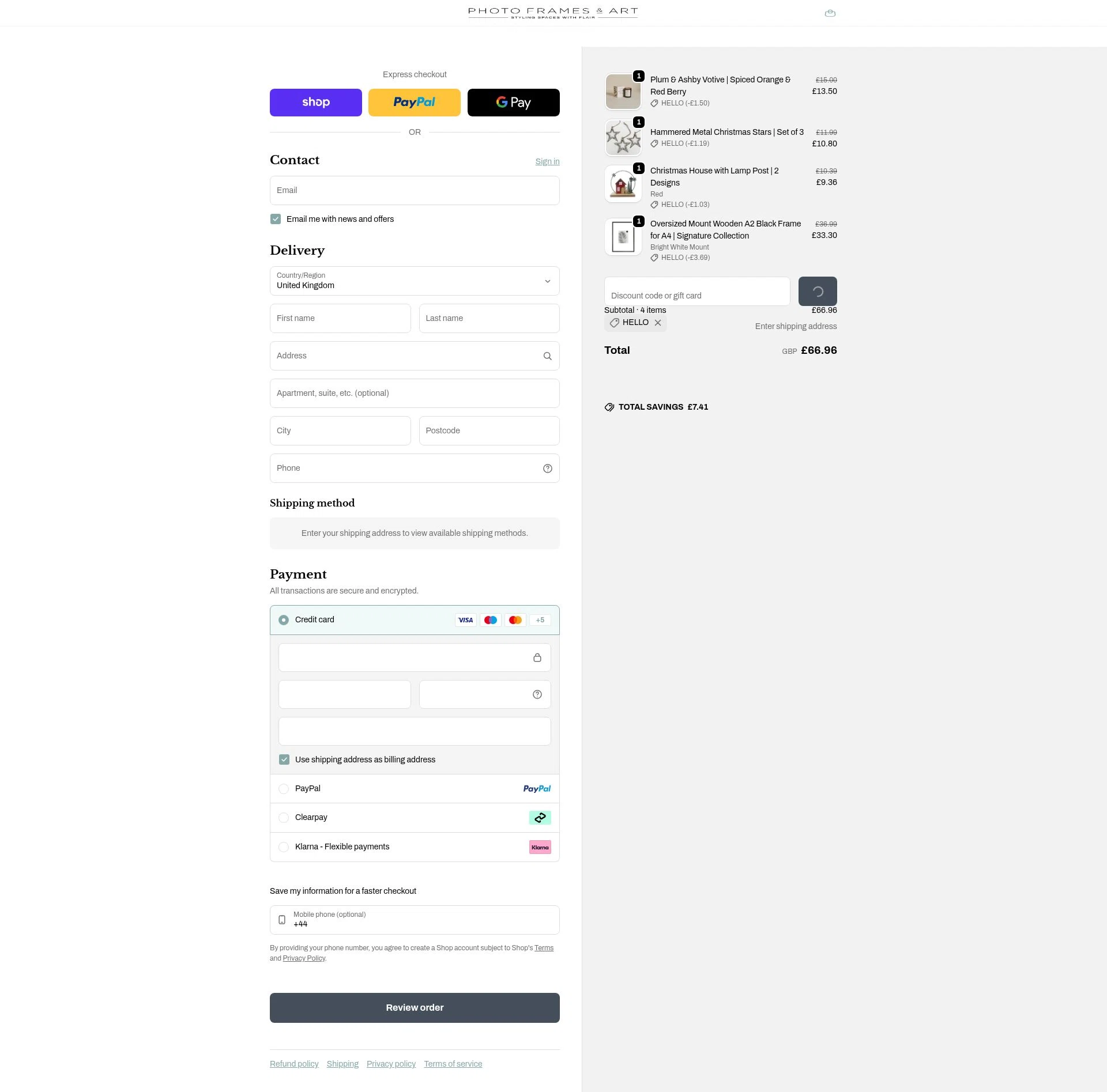 Photo Frames & Art checkout page showing Photo Frames & Art promo code box | Screenshot taken by SimplyCodes community member on Feb 9, 2026