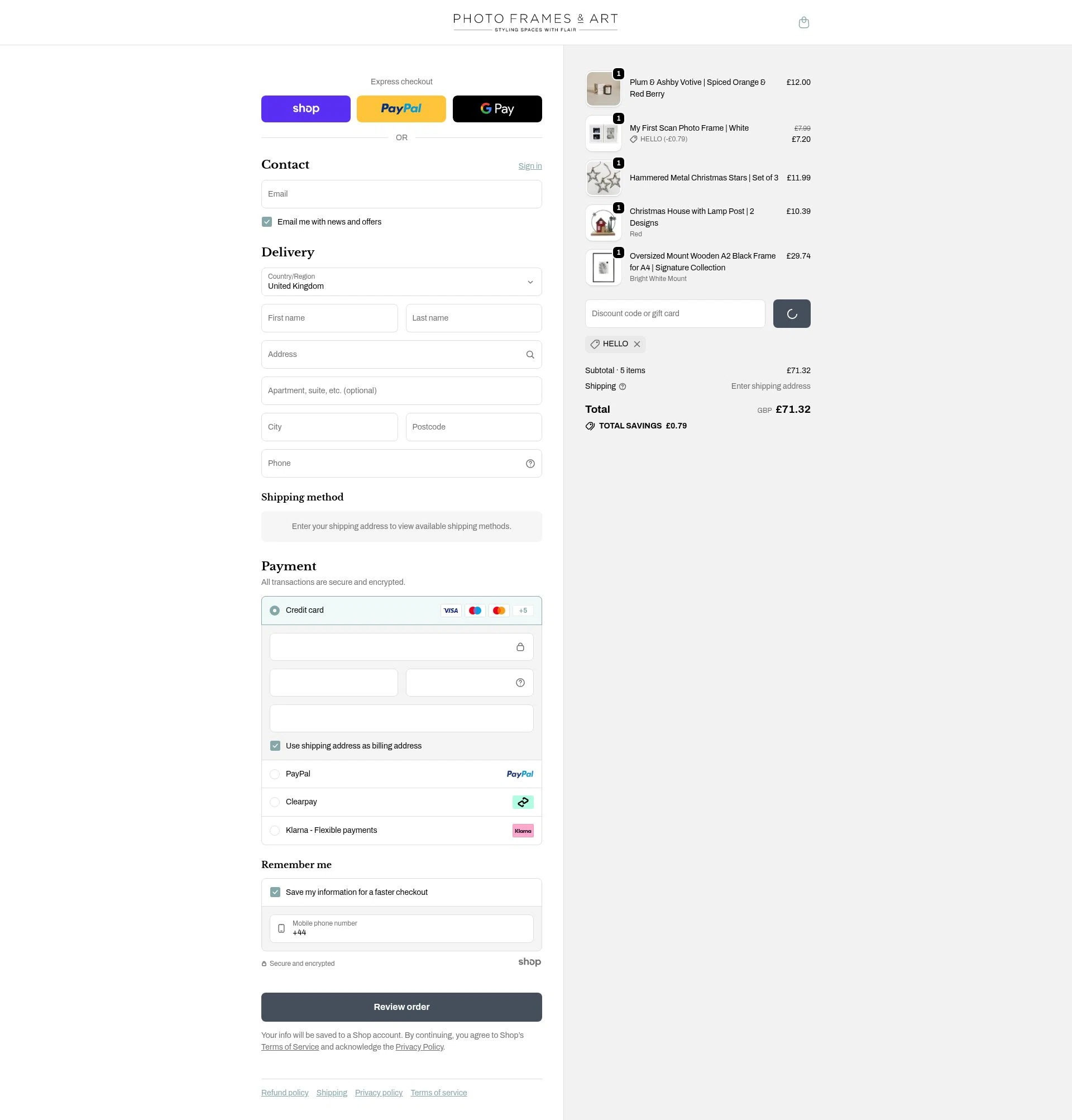 Photo Frames & Art checkout page showing Photo Frames & Art promo code box | Screenshot taken by SimplyCodes community member on Jan 27, 2026