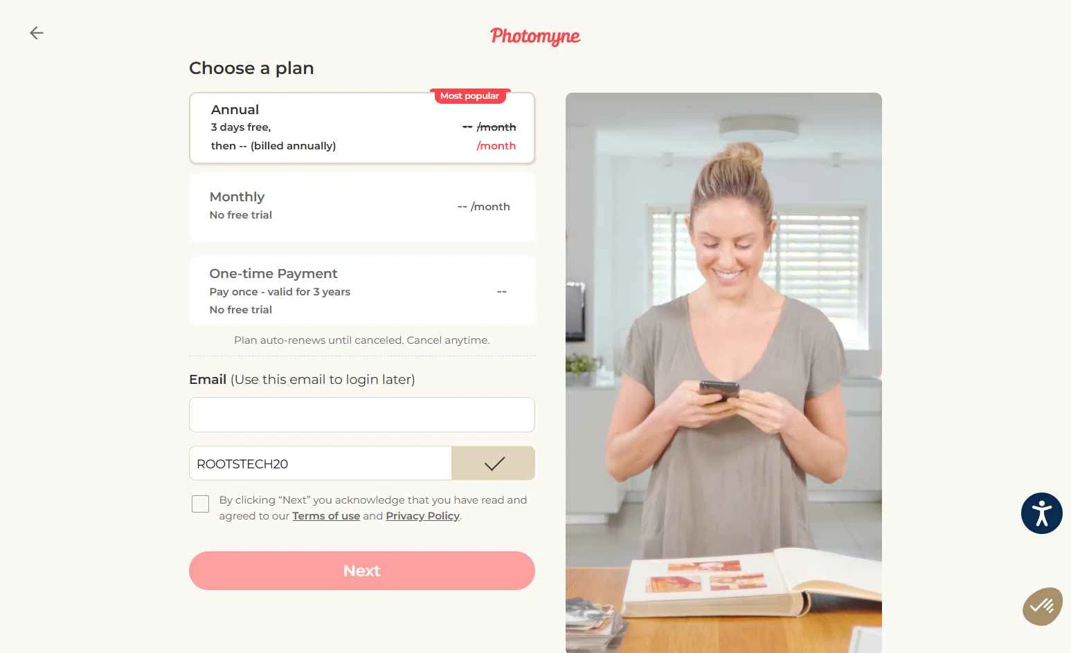 Photomyne checkout page showing Photomyne coupon code box | Screenshot taken by SimplyCodes community member on Jan 23, 2026