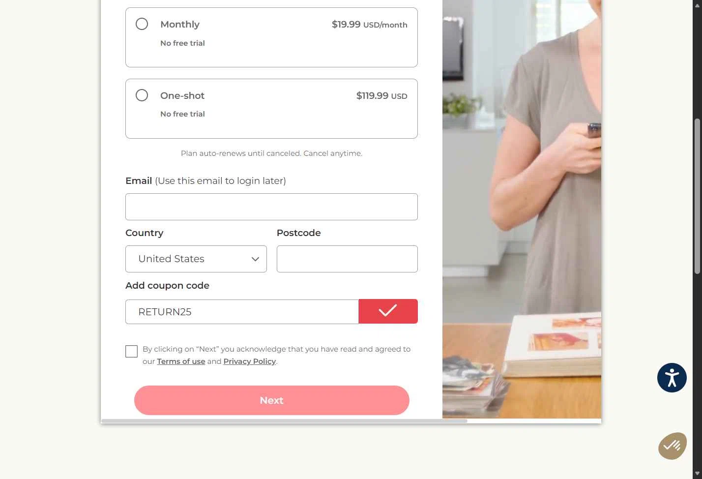 Photomyne checkout page showing Photomyne coupon code box | Screenshot taken by SimplyCodes community member on Dec 28, 2025