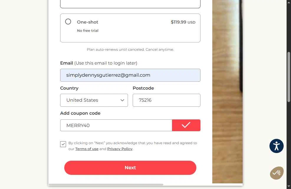 Photomyne checkout page showing Photomyne coupon code box | Screenshot taken by SimplyCodes community member on Dec 28, 2025