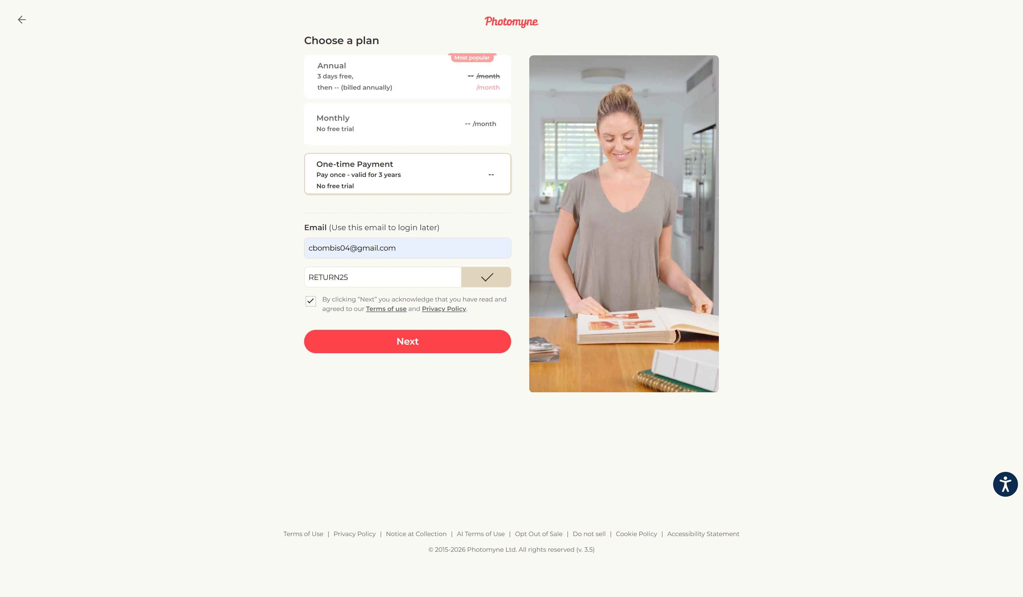 Photomyne checkout page showing Photomyne coupon code box | Screenshot taken by SimplyCodes community member on Jan 26, 2026