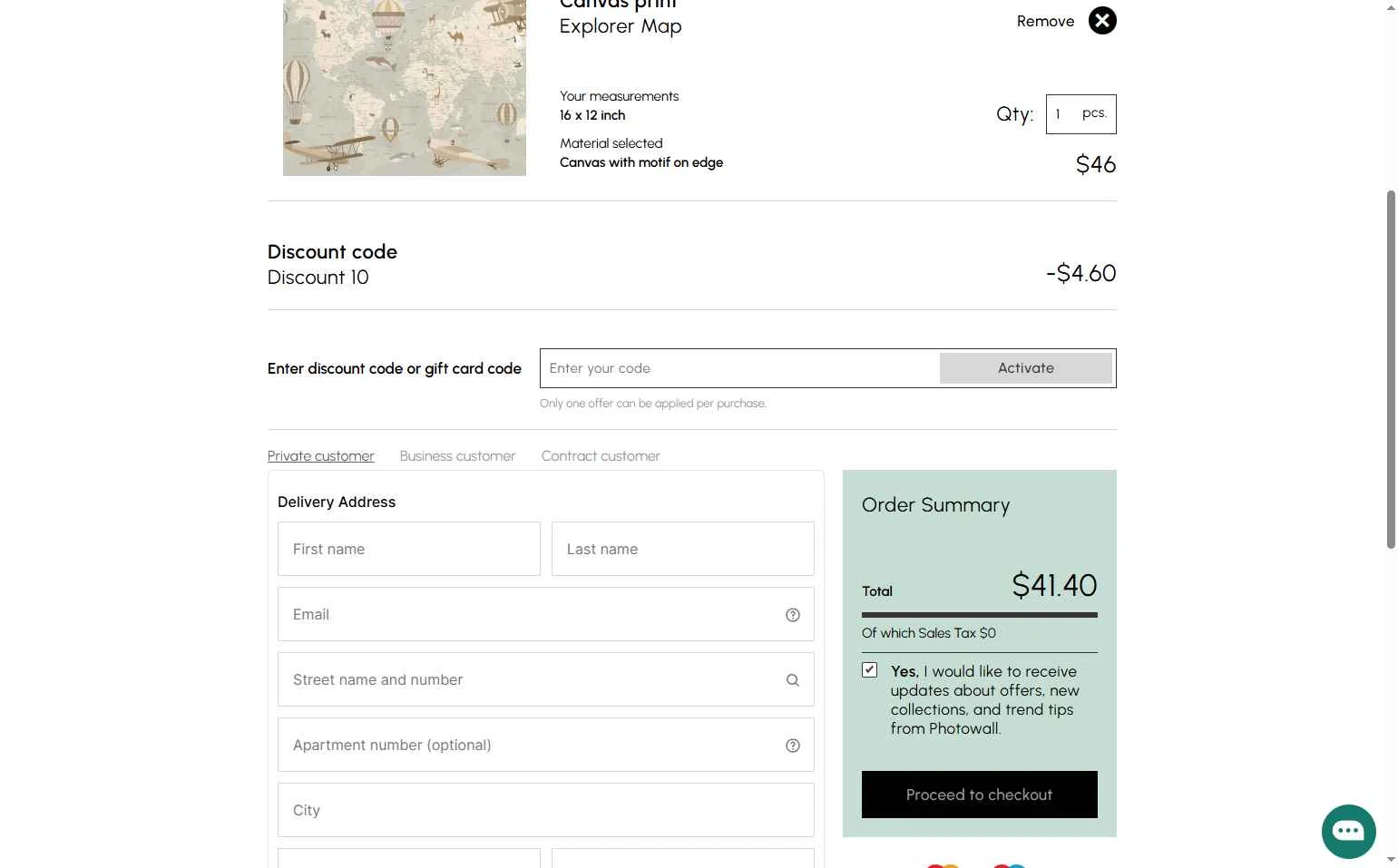 Photowall checkout page showing Photowall discount code box | Screenshot taken by SimplyCodes community member on Dec 15, 2025