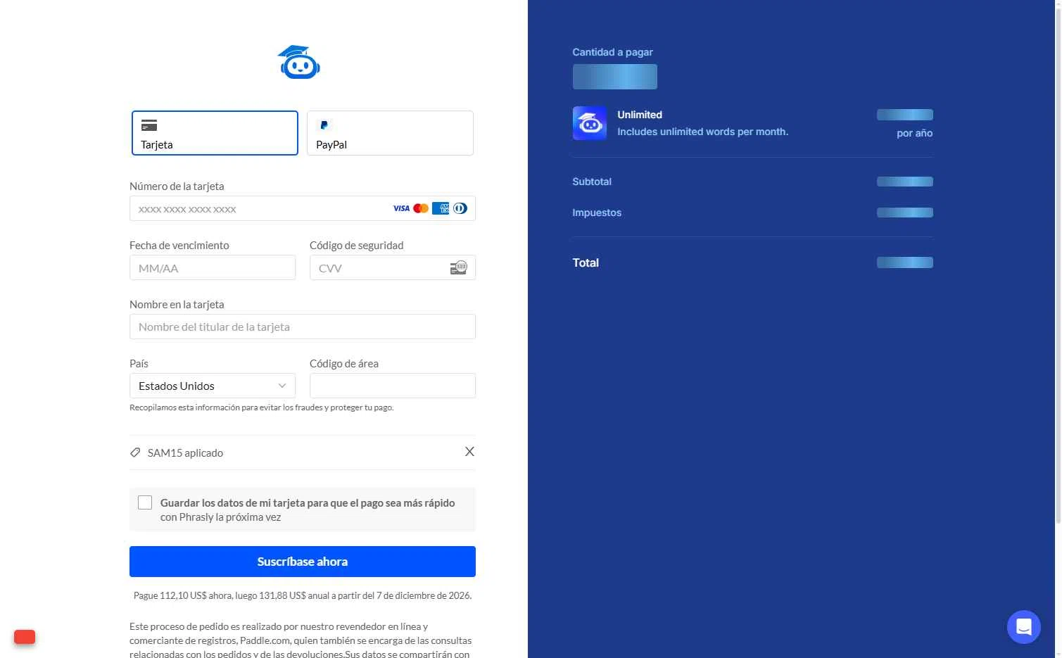 Phrasly.AI checkout page showing Phrasly.AI promo code box | Screenshot taken by SimplyCodes community member on Dec 7, 2025
