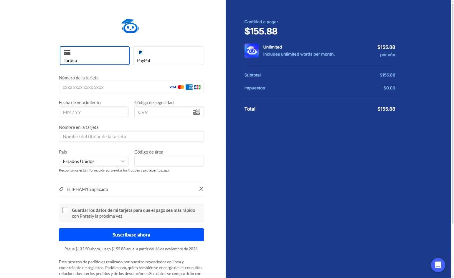 Phrasly.AI checkout page showing Phrasly.AI promo code box | Screenshot taken by SimplyCodes community member on Nov 16, 2025