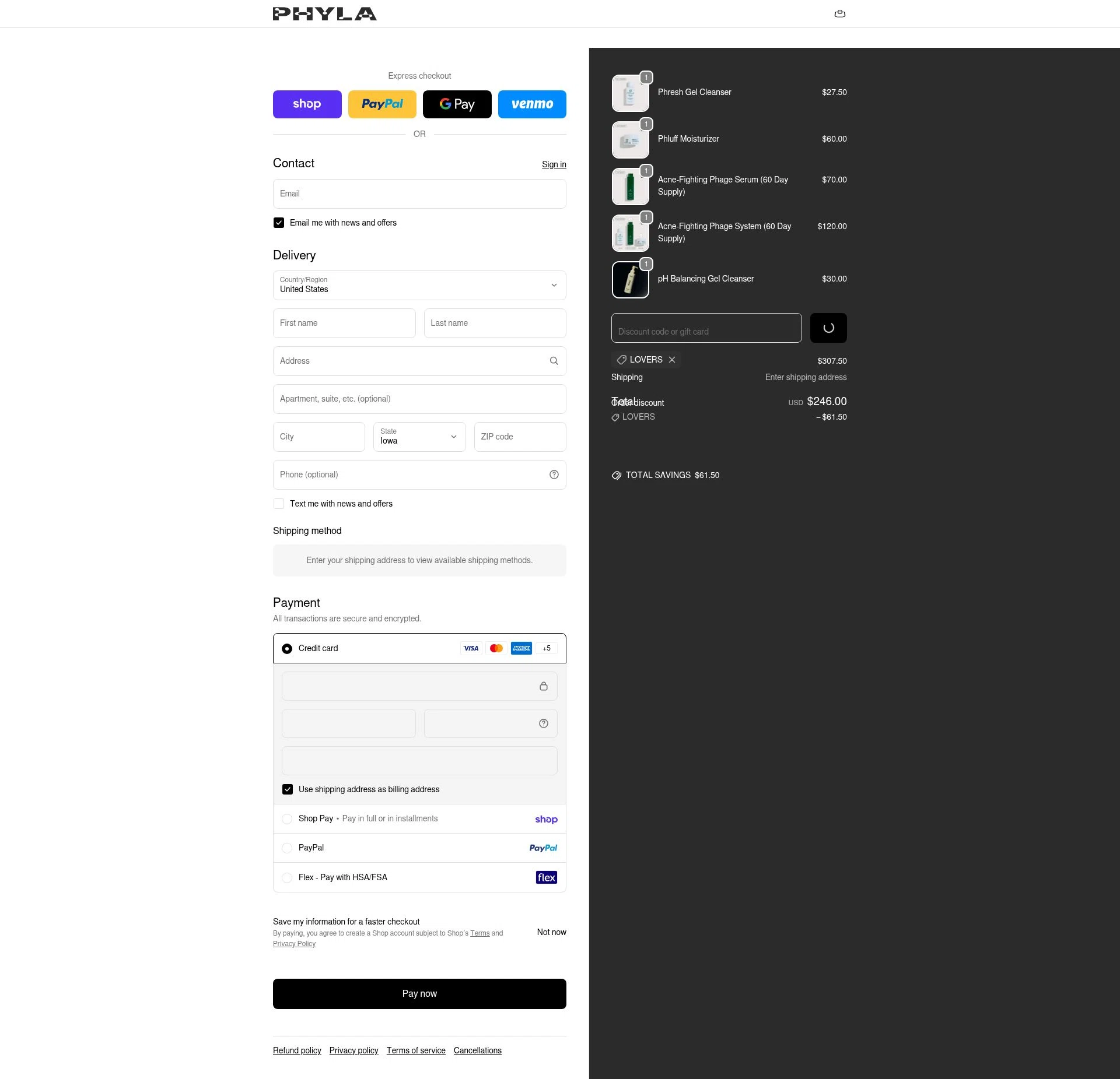 Phyla Skincare checkout page showing Phyla Skincare promo code box | Screenshot taken by SimplyCodes community member on Feb 18, 2026