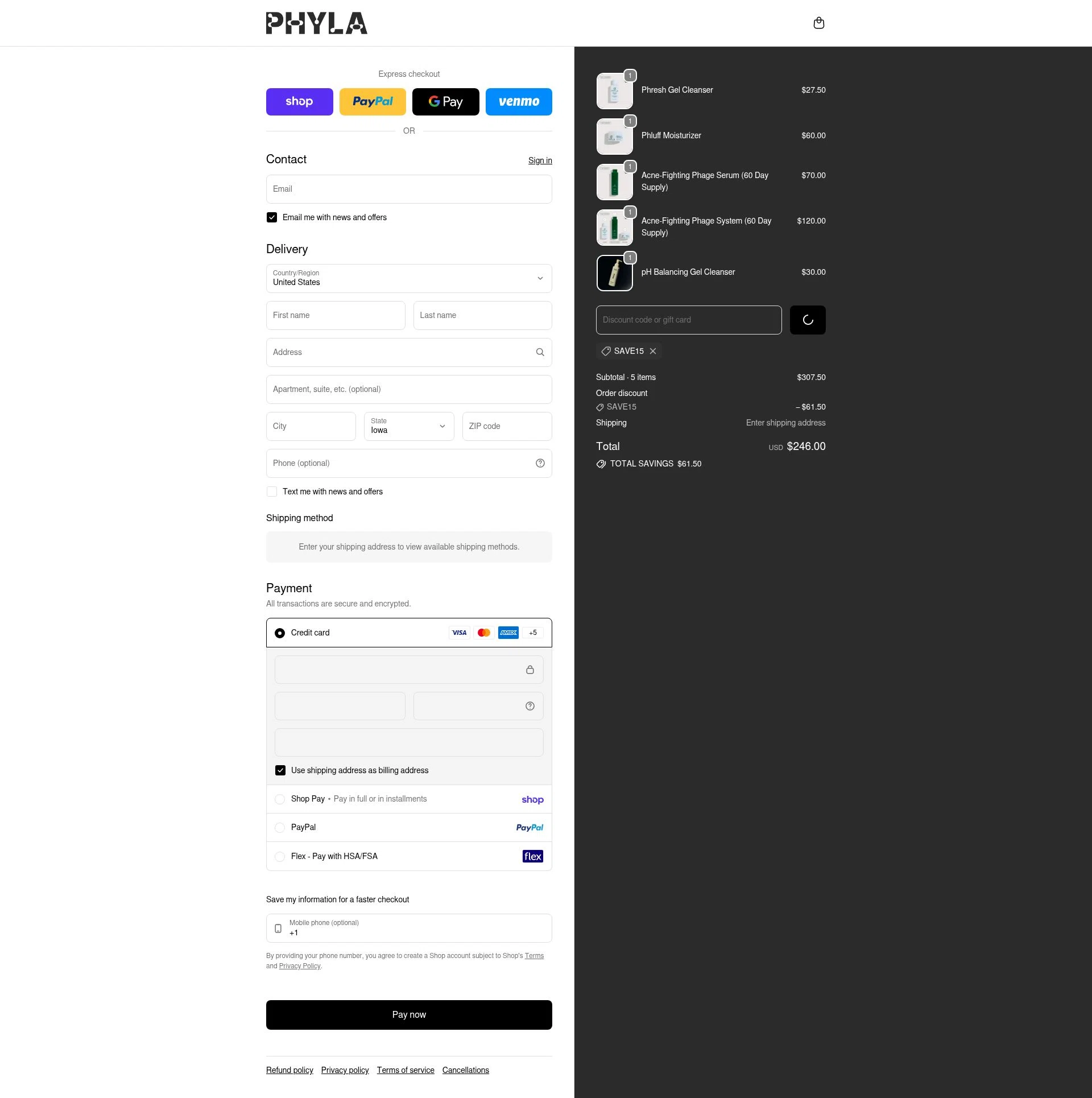Phyla Skincare checkout page showing Phyla Skincare promo code box | Screenshot taken by SimplyCodes community member on Feb 18, 2026