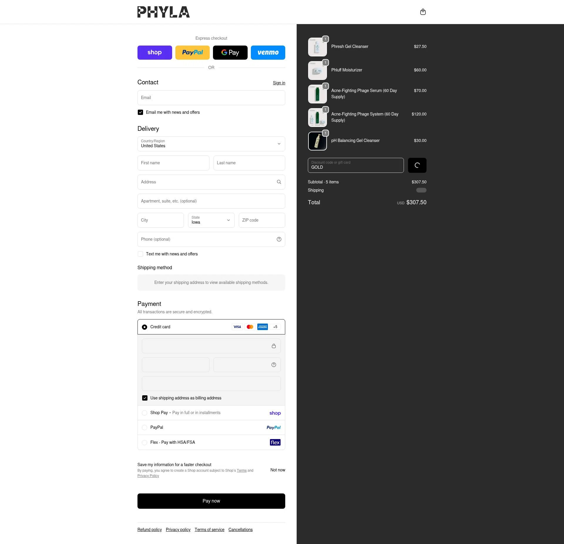Phyla Skincare checkout page showing Phyla Skincare promo code box | Screenshot taken by SimplyCodes community member on Feb 18, 2026