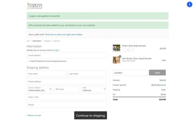 Physicians Formula checkout page showing Physicians Formula promo code box | Screenshot taken by SimplyCodes community member on Jul 4, 2025